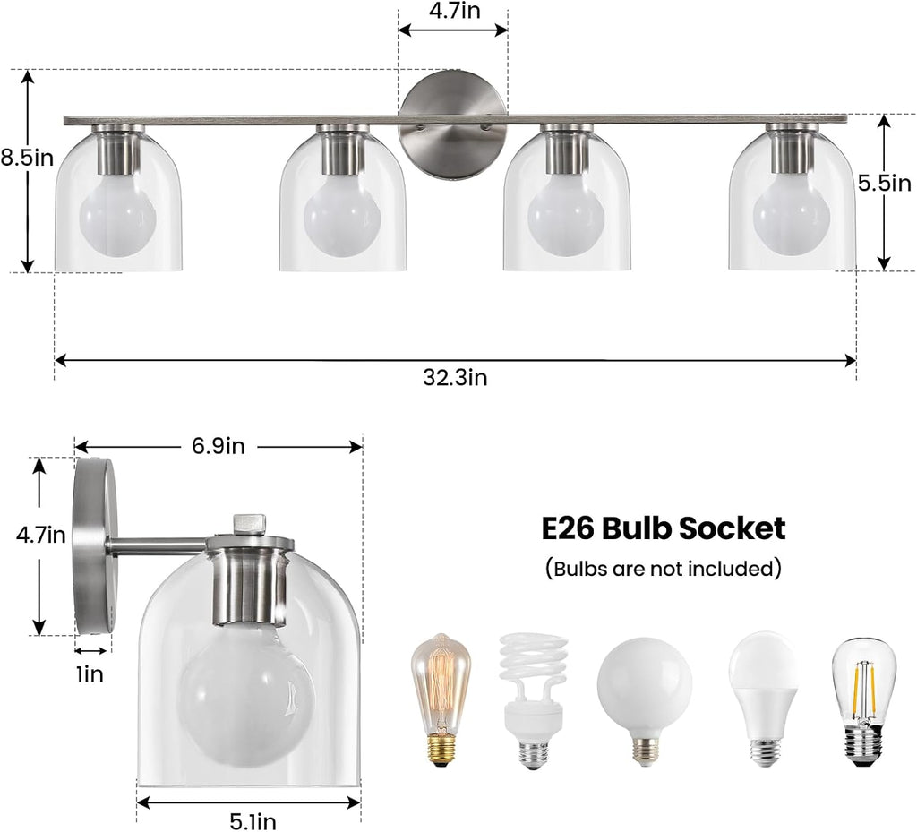 WOSHITU Bathroom Vanity Light Fixtures: 32.3 Inch Modern Brushed Nickel Bathroom Vanity Lights Over Mirror with Clear Glass Shade, 4-Light Bathroom Light Fixture Wall Lights Over Mirror