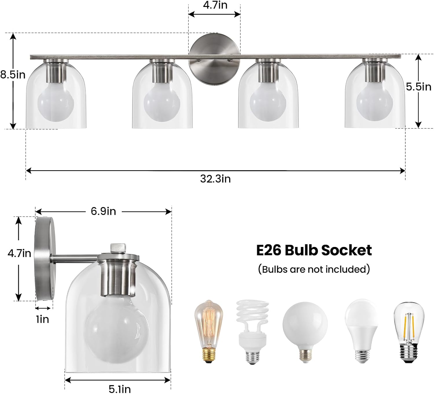 WOSHITU Bathroom Vanity Light Fixtures: 32.3 Inch Modern Brushed Nickel Bathroom Vanity Lights Over Mirror with Clear Glass Shade, 4-Light Bathroom Light Fixture Wall Lights Over Mirror