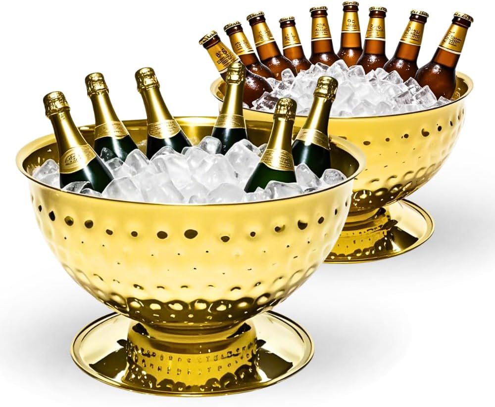 Luxurious Ice Bucket for Parties,Party Sized 12L Drink Cooler for Parties,Gold Stainless Steel Ultimate Champagne Bucket for Celebrations,Buckets for Drinks,Large Ice Bucket for Events,2 Pack