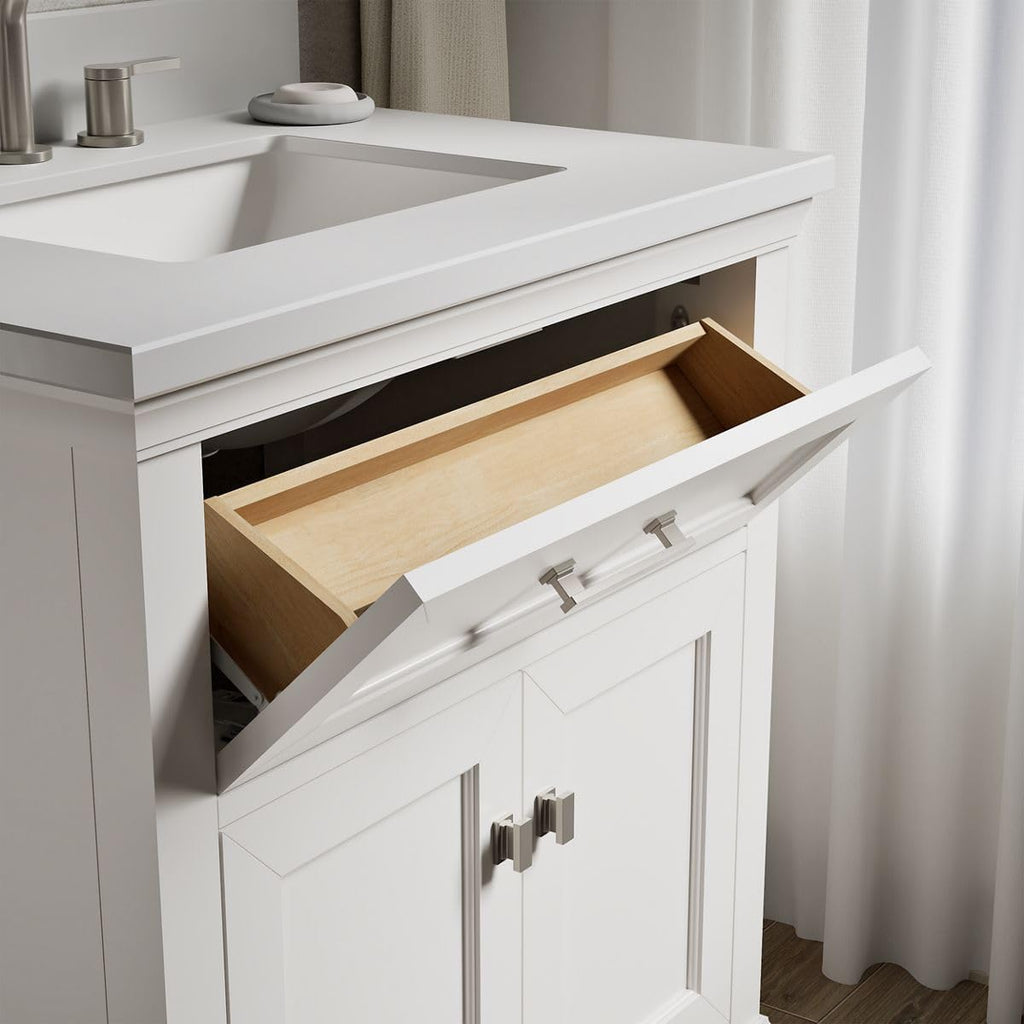 Kohler Charlemont 30' Bathroom Vanity Cabinet with White Sink and Quartz Top, Modern Bathroom Storage, White, K-29260-BD1-0