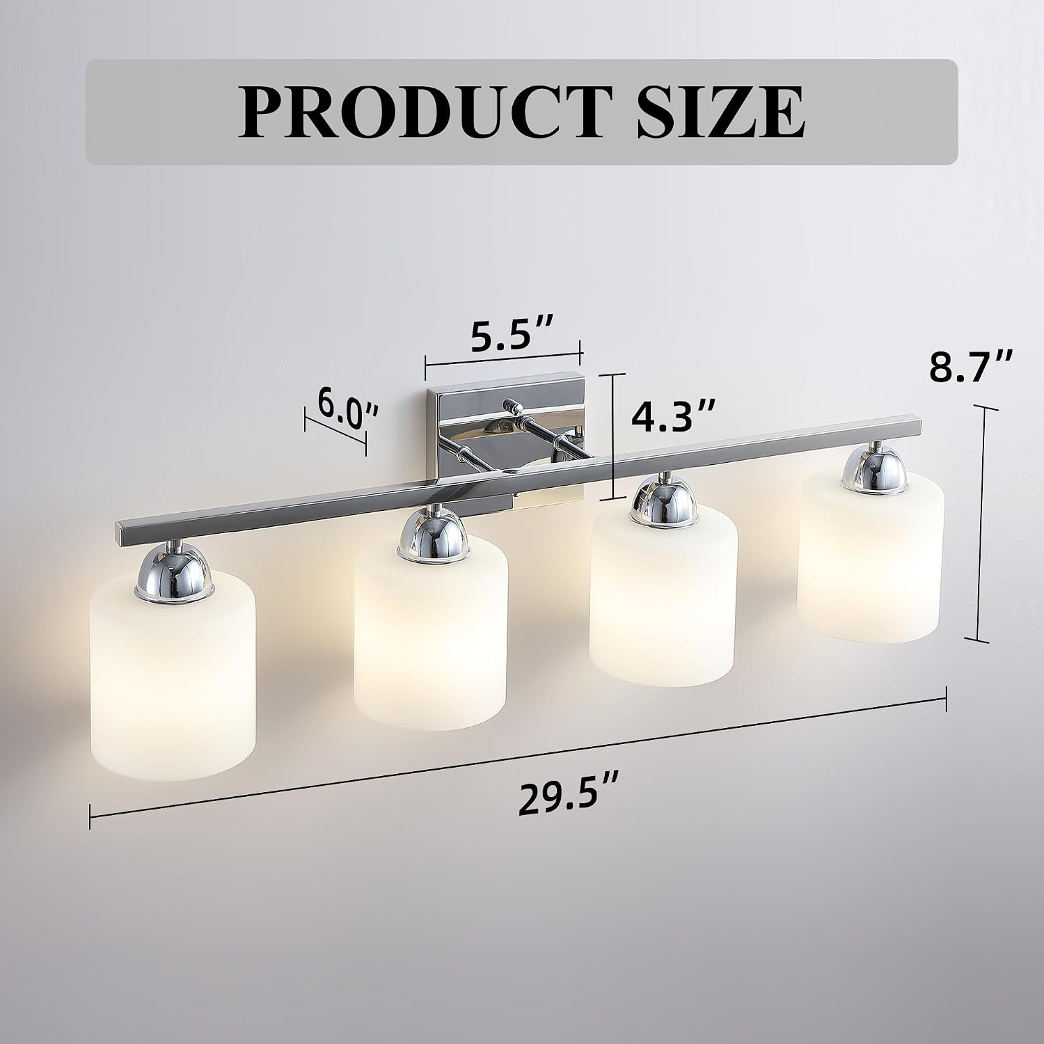 Mecgirn Stainless Steel Milk Glass Vanity Lights for Bathroom, 4 Light Chrome Bathroom Light Fixtures Over Mirror, Ceramic E26 Sockets Wall Mounted