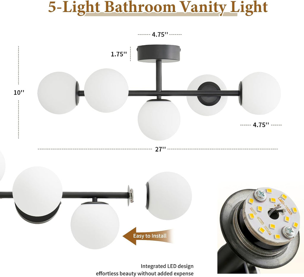 Black LED Bathroom Vanity Light: 5 Lights Mid Century Modern Milk White Glass Globe Vanity Light Fixture over Mirror - Unique Dimmable Hardwired Matte Black Bath Room Makeup Globe Wall Sconce Lighting