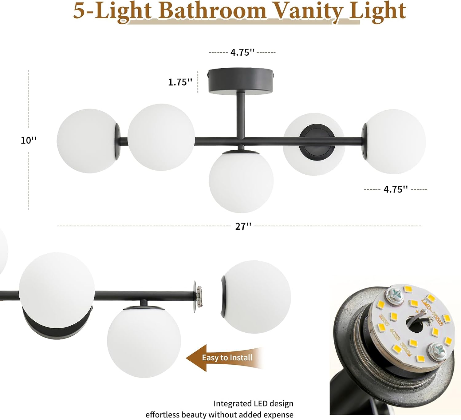Black LED Bathroom Vanity Light: 5 Lights Mid Century Modern Milk White Glass Globe Vanity Light Fixture over Mirror - Unique Dimmable Hardwired Matte Black Bath Room Makeup Globe Wall Sconce Lighting