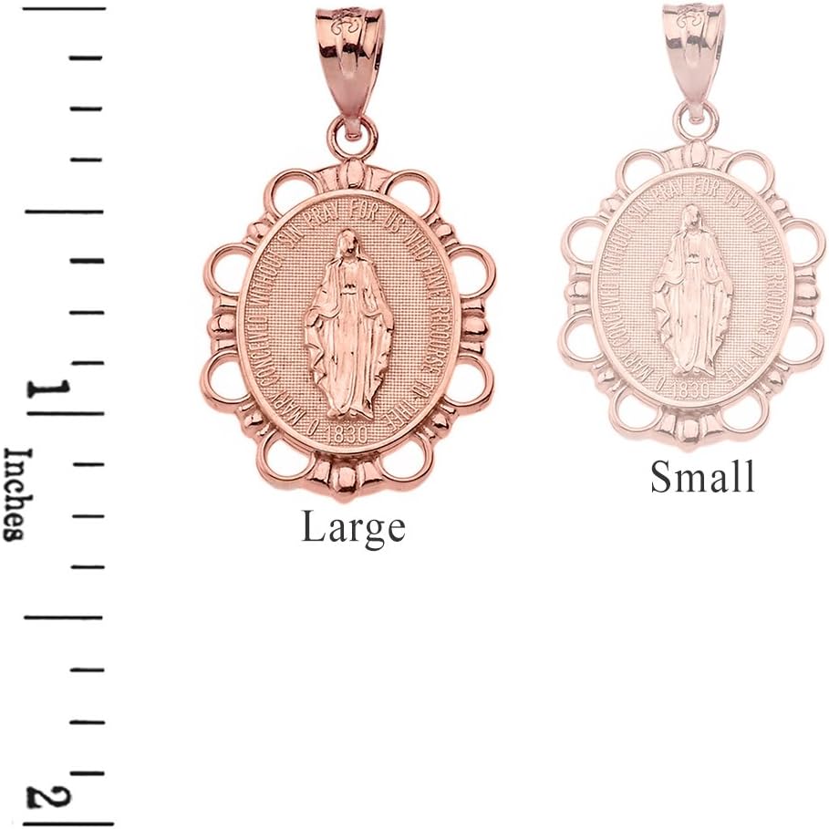 Religious Jewelry Solid 10k Rose Gold Miraculous Medal Of Blessed Virgin Mary Pendant (Large)