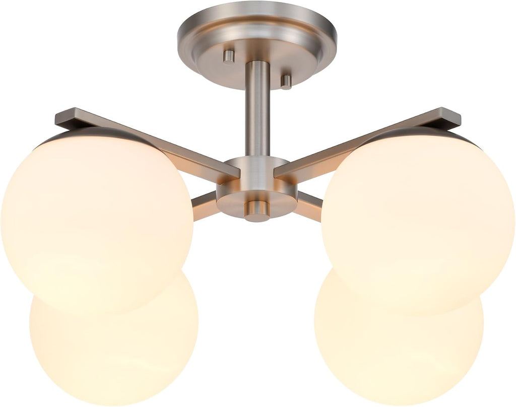 Brushed Nickel Semi Flush Mount Ceiling Light, 4-Ligh Modern Kitchen Lighting Fixtures with Globe Glass Shade, Hallway Light Fixtures Ceiling Mount for Dining Room, Living Room, Bedroom, Foyer