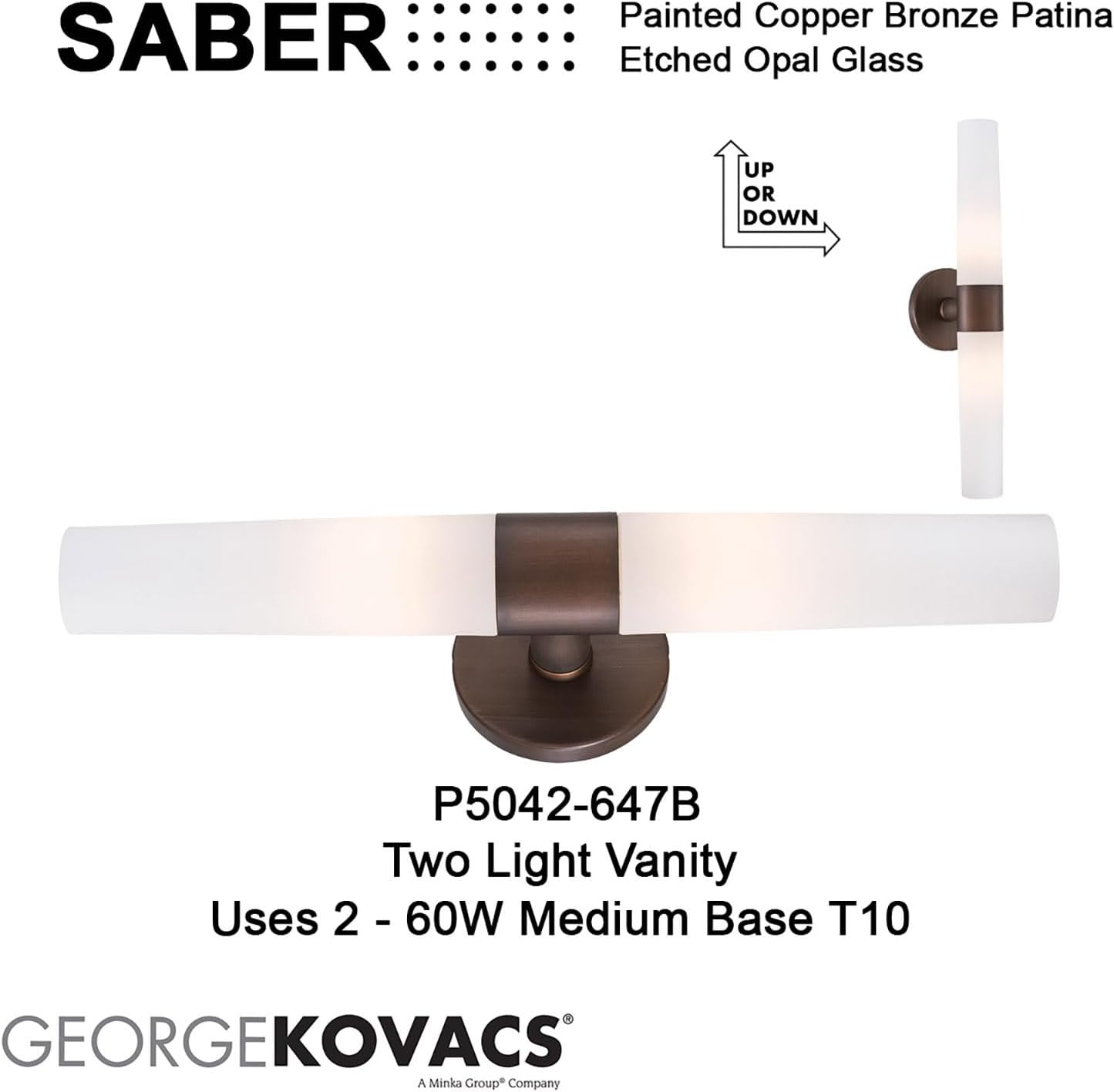GEORGE KOVACS P5042-647B Saber Vanity Bath Light, 2-Light, 120 Total Watts, 4.75-in H x 20-in W, Painted Copper Bronze Patina