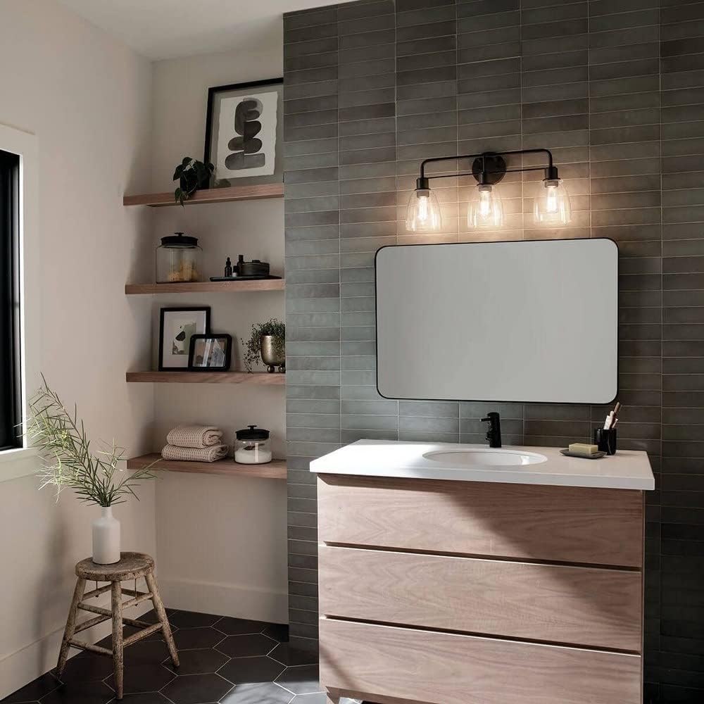 Kichler Meller 24.25' 3-Light Bathroom Vanity Light Fixture with Clear Glass Shades in Brushed Nickel, Industrial Modern Style Over Mirror (24.25' x 11.25' x 7'), 55102NI