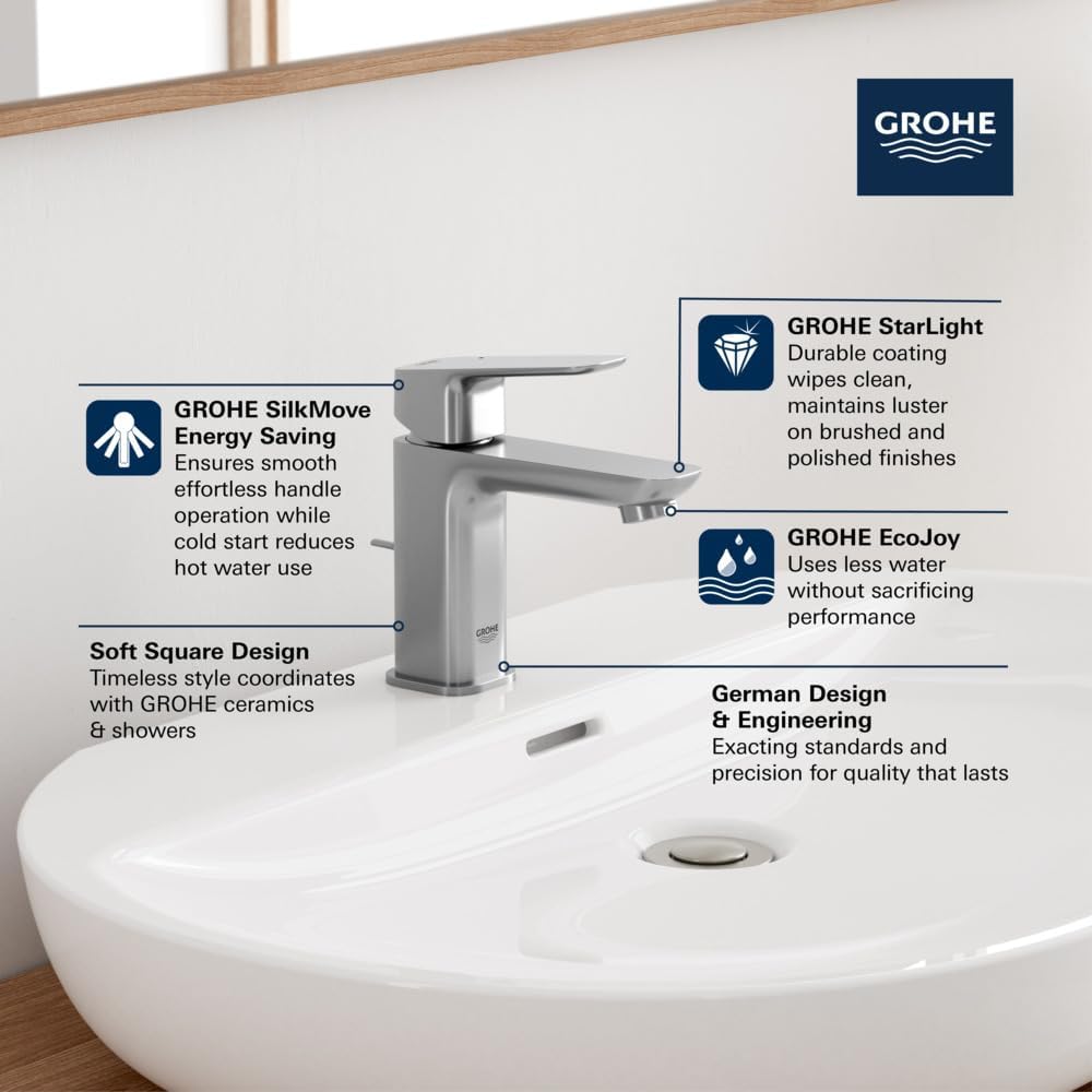 Grohe 1053490000 Cubeo Single Hole Single Handle S-Size Bathroom Faucet, Cold Start, 1.2 GPM, Starlight Chrome