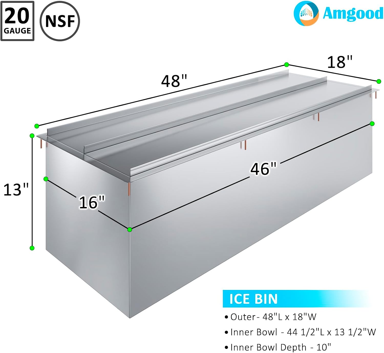 AmGood 18 in. x 48 in. Stainless Steel Drop-In Ice Bin with Sliding Lid