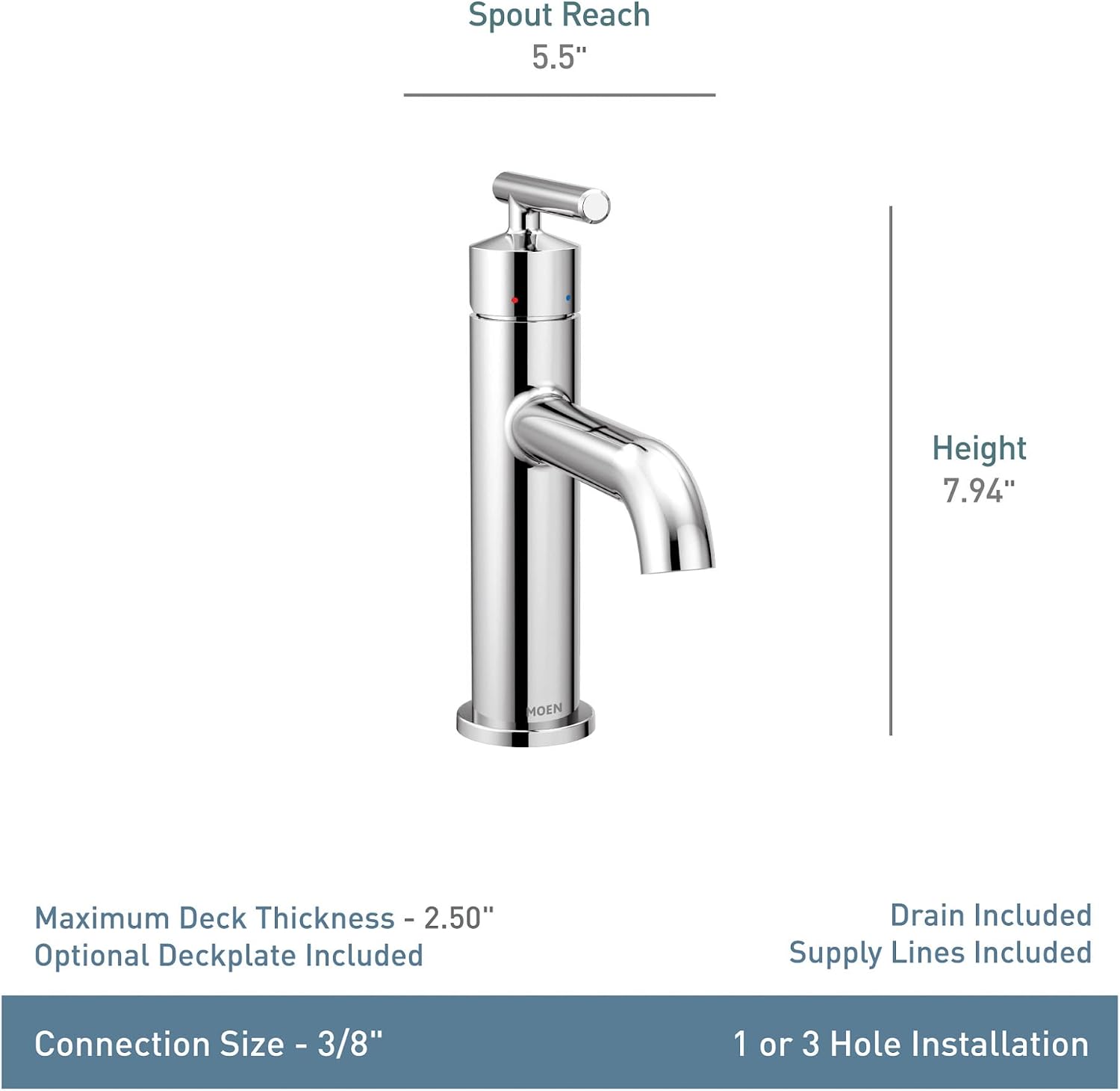 Moen Gibson One-Handle Single Hole Modern Bathroom Sink Faucet with Optional Deckplate, Chrome, 6145