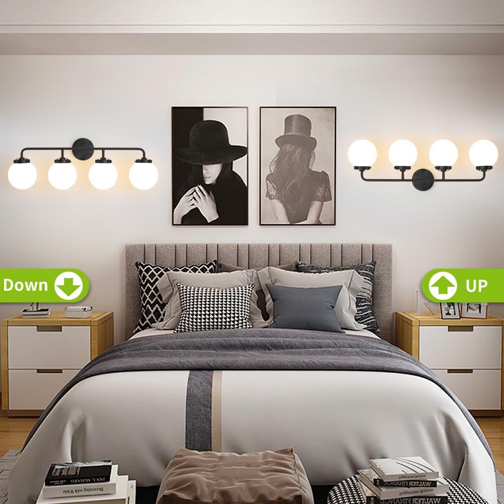 Bathroom Light Fixtures Over Mirror, 4-Light Matte Black Vanity Lighting with Milk White Glass Globe Shades Modern Wall Sconce