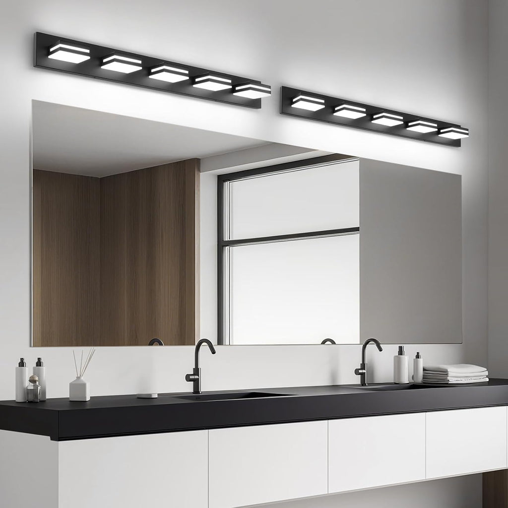 OKELI 5 Light Bathroom Vanity Light Matte Black Modern 36W LED Dimmable Vanity Light Over Mirror 350° Adjustable Lamp Head Cold White 6000K ETL Listed 36.2Inch