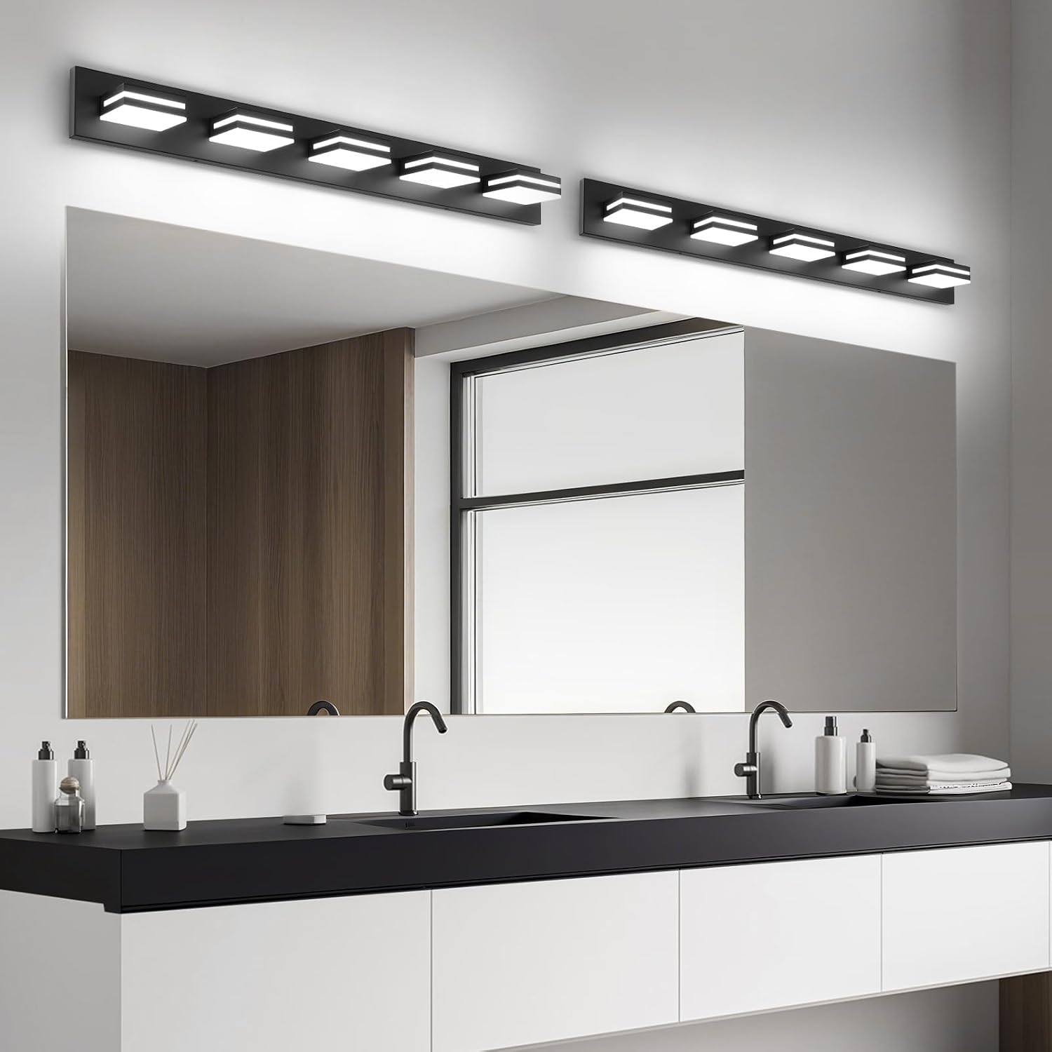 OKELI 5 Light Bathroom Vanity Light Matte Black Modern 36W LED Dimmable Vanity Light Over Mirror 350° Adjustable Lamp Head Cold White 6000K ETL Listed 36.2Inch