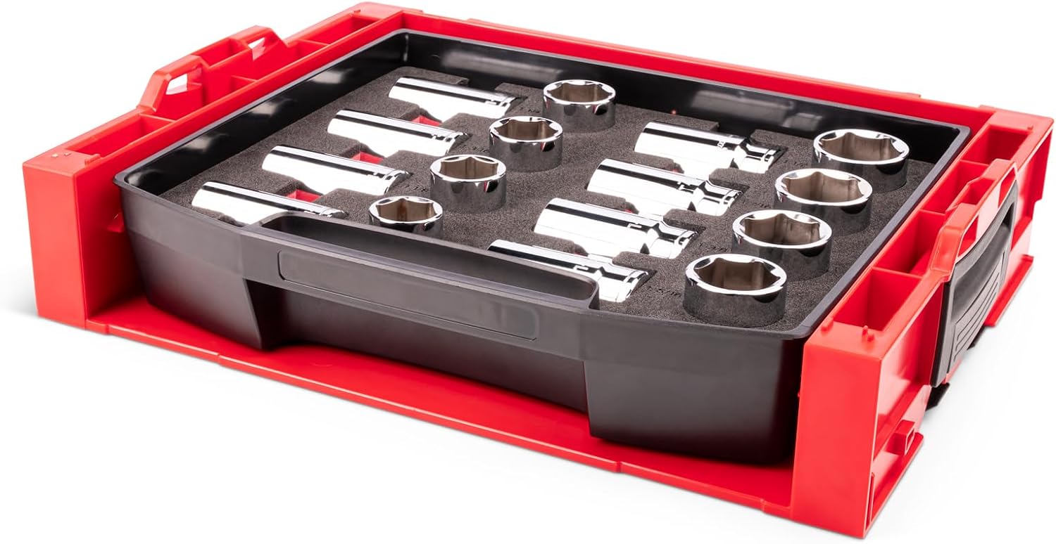TEKTON 1/2 Inch Drive Shallow and Deep 6-Point Socket Set with Open Top Drawer and Rack, 16-Piece (1-1/16-1-1/2 in.) | SHD92701