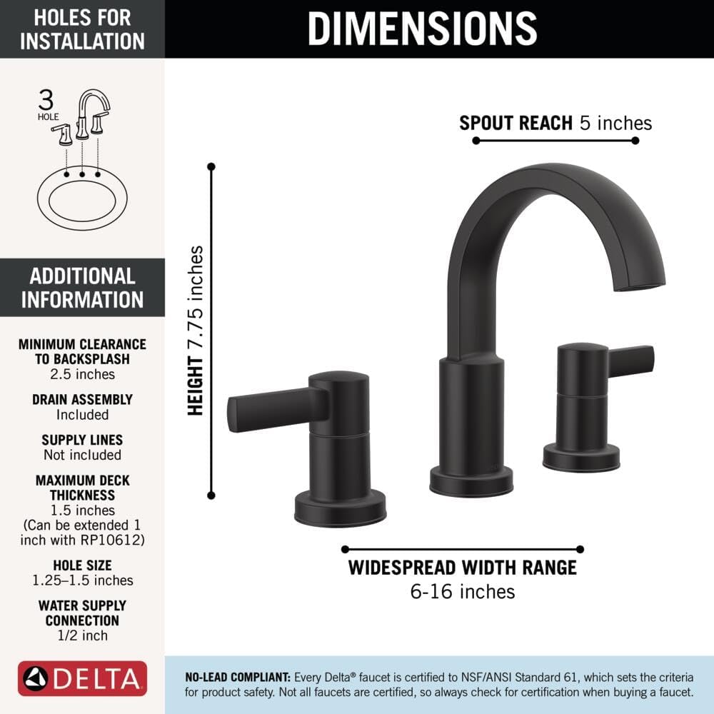Delta Albion Matte Black Bathroom Faucet 3 Hole, 8 Inch Widespread Bathroom Sink Faucet for Vanity, Metal Push-Pop Drain Assembly, Matte Black 35855LF-BL