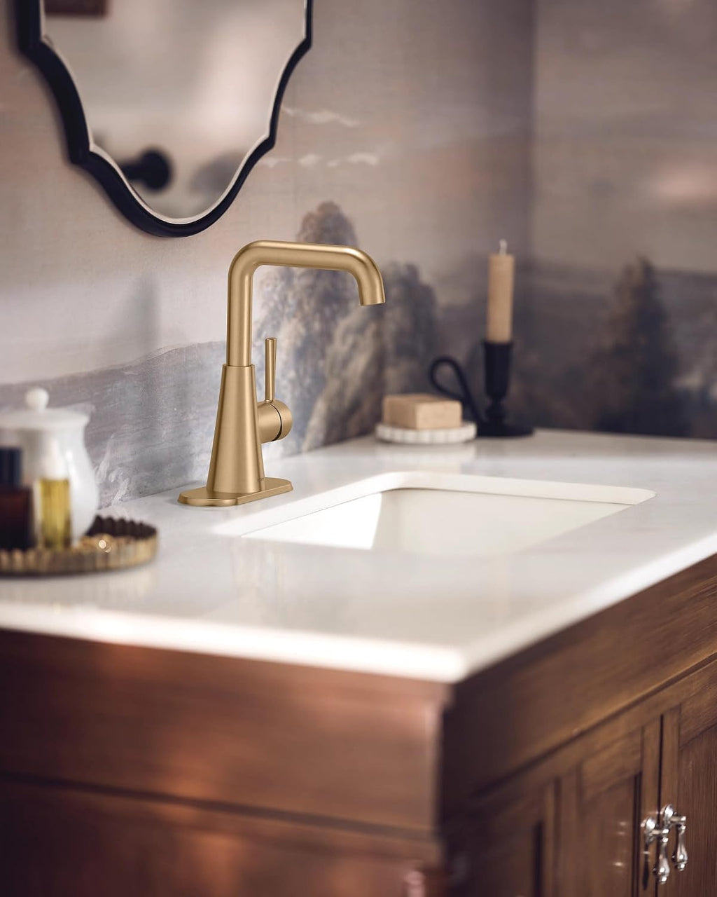Moen Ronan Bronzed Gold Double Bend Single Hole Modern Bathroom Sink Faucet with Optional Deckplate and Spring Loaded Drain Assembly, 84024BZG