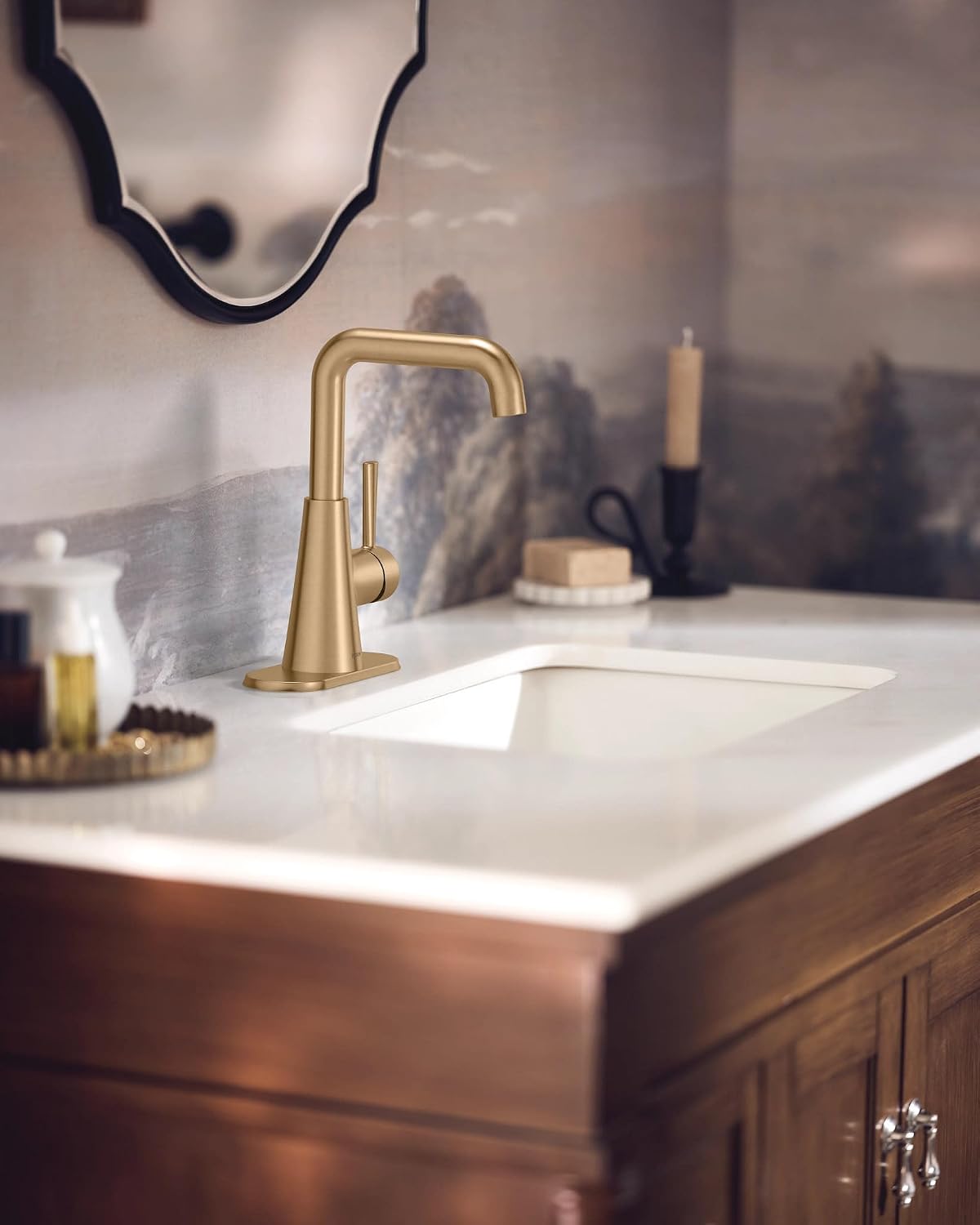 Moen Ronan Bronzed Gold Double Bend Single Hole Modern Bathroom Sink Faucet with Optional Deckplate and Spring Loaded Drain Assembly, 84024BZG