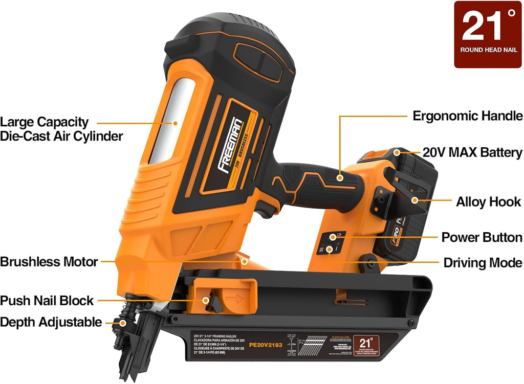 Freeman F20 20V Cordless 21 Degree 3-1/4' Framing Nailer - Brushless Motor, Dual Firing Mode, Tool-free Depth Adjust - Includes 4.0Ah Lithium Ion Battery, Charger & Bag - PE20V2183