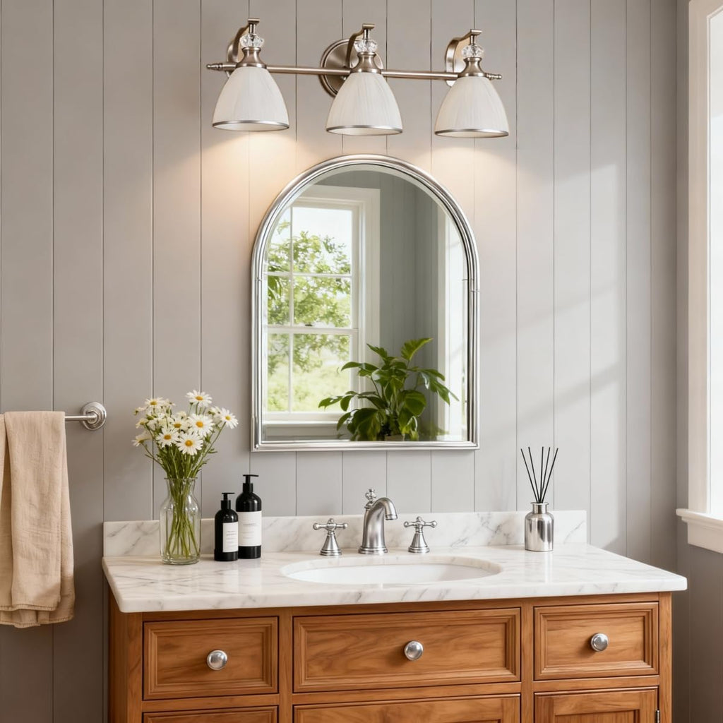 ANDY STAR Bathroom Light Fixture, 3-Light Bathroom Vanity Light Brushed Nickel, Vintage Wall Sconce with Hand-Painted Frosted Lampshade, Wall Lamp in Silver Finish for Bedroom, Living Room, Restroom