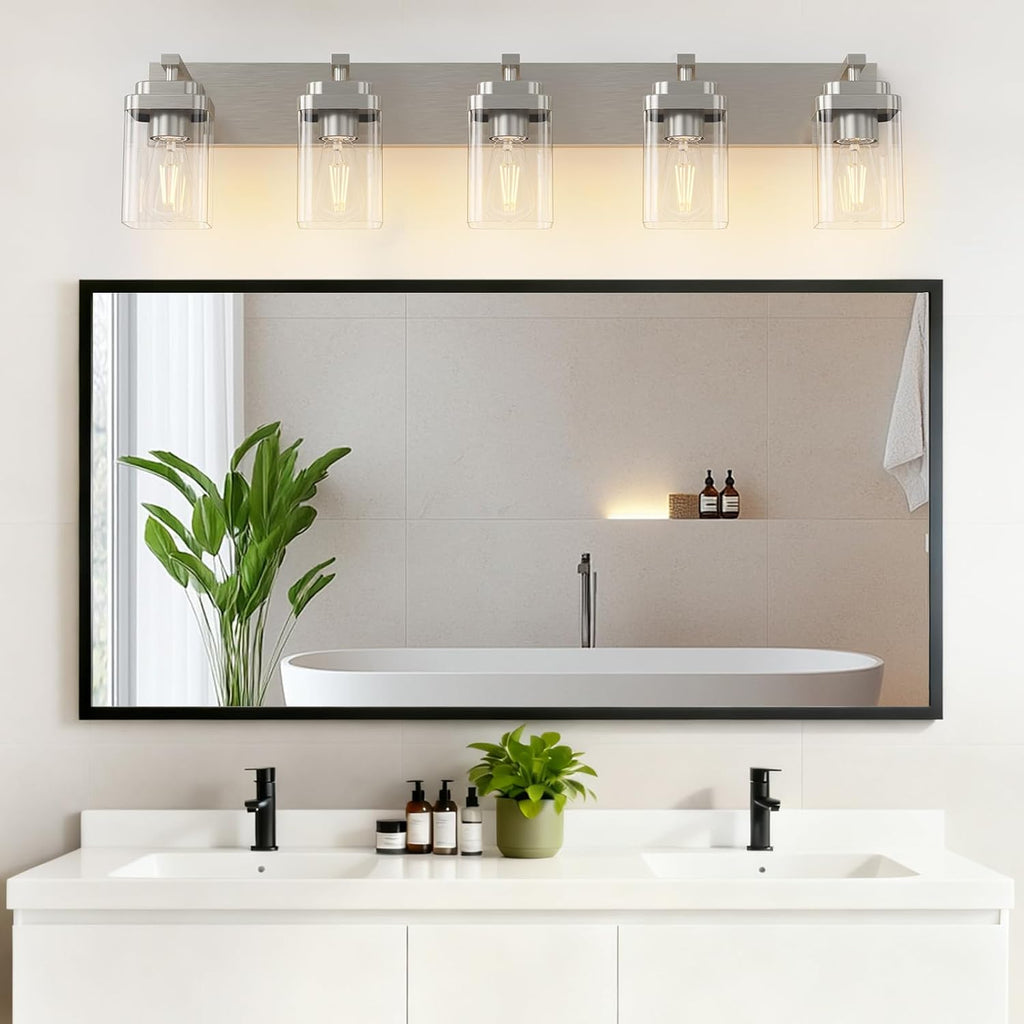 Brushed Nickel Bathroom Light Fixtures, 5 Lights Bathroom Lighting Fixtures Over Mirror, Square Design & Rectangle Large Backplate, Modern Vanity Lighting Fixtures, for Living Room/Bedroom