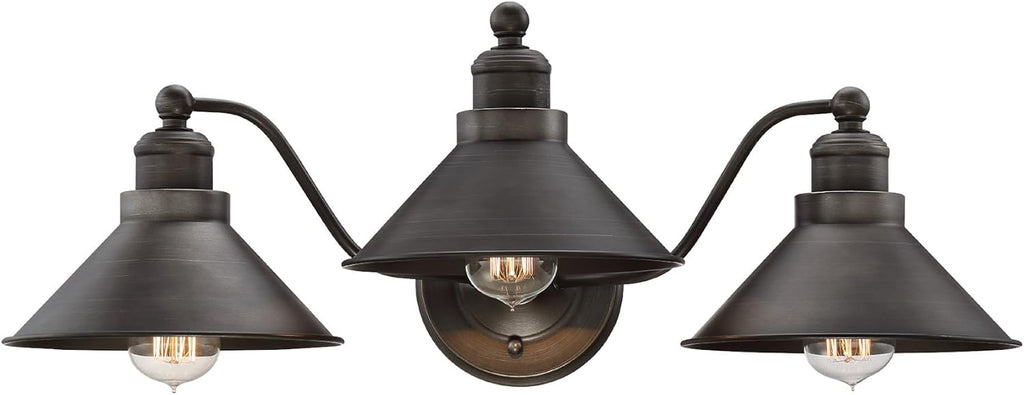 Kira Home Welton 25.5' 3-Light Modern Farmhouse Vanity Light with Funnel Shades, Industrial Dark Bronze Wall Sconce Bathroom Light, Brushed Dark Bronze Finish