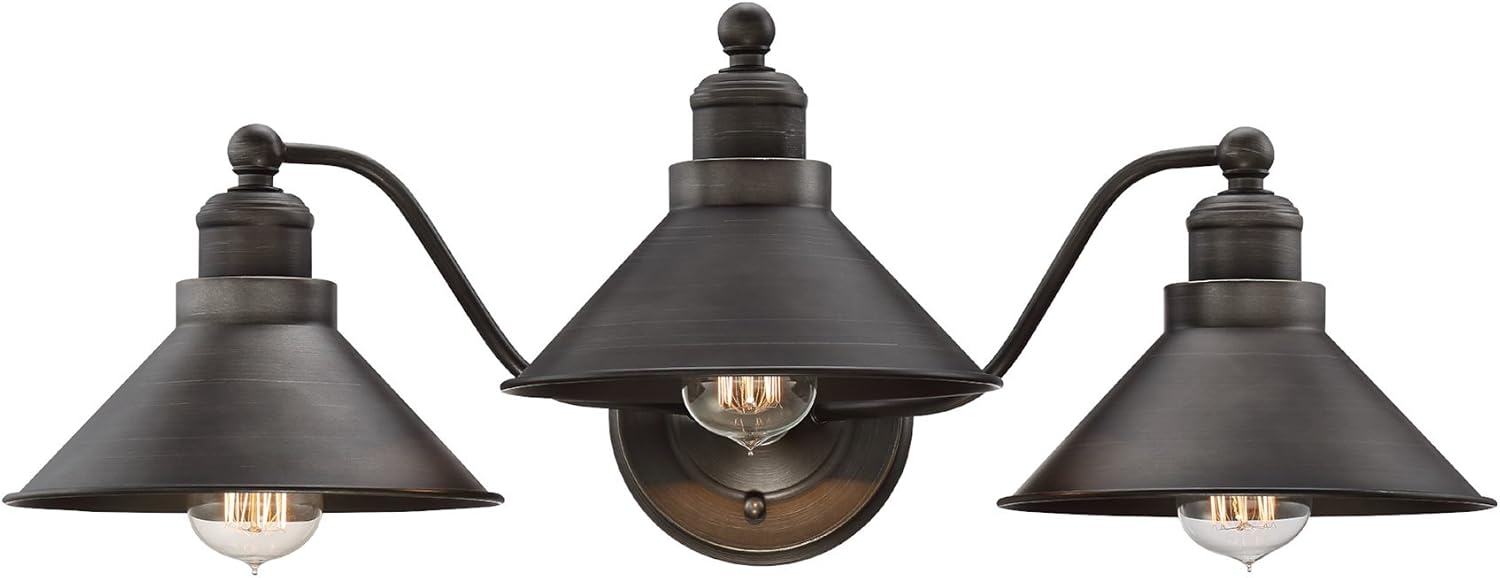 Kira Home Welton 25.5' 3-Light Modern Farmhouse Vanity Light with Funnel Shades, Industrial Dark Bronze Wall Sconce Bathroom Light, Brushed Dark Bronze Finish