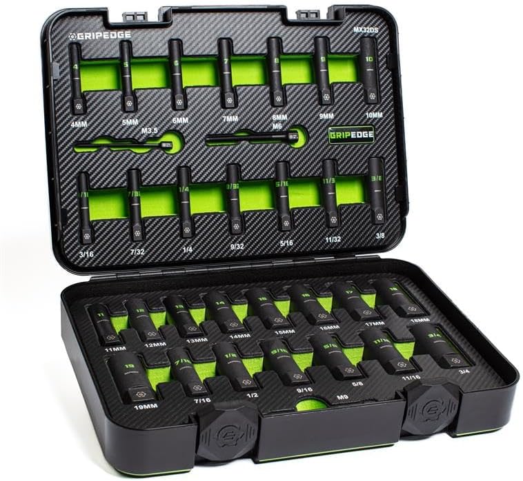 GripEdge | 32-PC 1/4' & 3/8' Drive Deep Metric & SAE Master Socket Extractor Set| Includes sizes - 4-19mm & 3/16-3/4' | Includes Premium Plastic Case With Foam Insert |