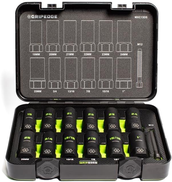 GripEdge | 13-PC 1/2' Drive Deep Metric & SAE Master Socket Extractor Set| Includes sizes - 19-25mm & 3/4-1' | Includes Premium Plastic Case With Foam Insert |