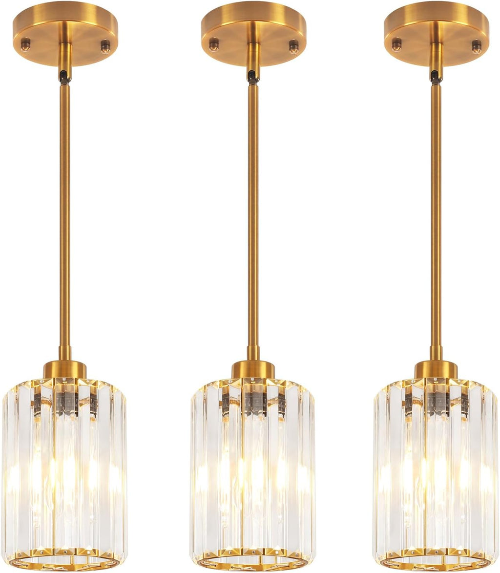 3 Pack Brushed Gold Pendant Lights Kitchen Island, Modern Crystal Pendant Lighting Over Island Kitchen Light Fixtures Hallway Ceiling Lights Adjustable Hanging Pendant Light for Bathroom Foyer