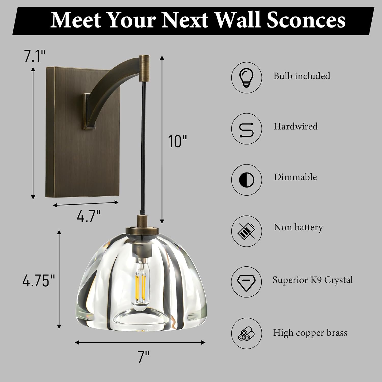 Crystal Brass Dome Wall Sconce - Luxury Antique Brushed Lighting Fixture with K9 Crystals Cloche - Set of 2 Modern Gold Sconces - Dimmable Indoor Hanging Light for Bathroom Bedroom Living Room Stair