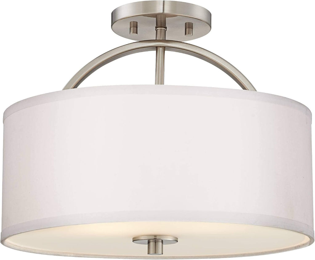 Possini Euro Design Halsted Modern Close to Ceiling Light Semi Flush Mount Fixture 15' Wide Brushed Nickel Silver White Linen Drum Shade for Bedroom Hallway Living Room Dining Room Bathroom Kitchen