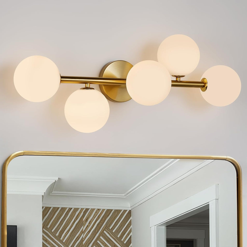 LED Bathroom Vanity Light Fixtures: Modern Gold Brushed Brass 5 Lights Wall Sconce Lighting - Dimmable Vanity Light with Milk White Globe Bubble Glass Shade - Mid century Bathroom Lights over Mirror