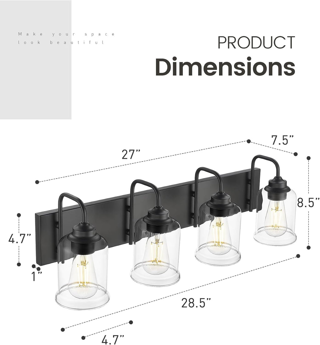 zeyu Modern Bathroom Light Fixtures, 4 Light Vanity Lighting, 28.5' Bathroom Mirror Wall Light, Matte Black Finish with Clear Glass Shade, ZSL72B-4W BK
