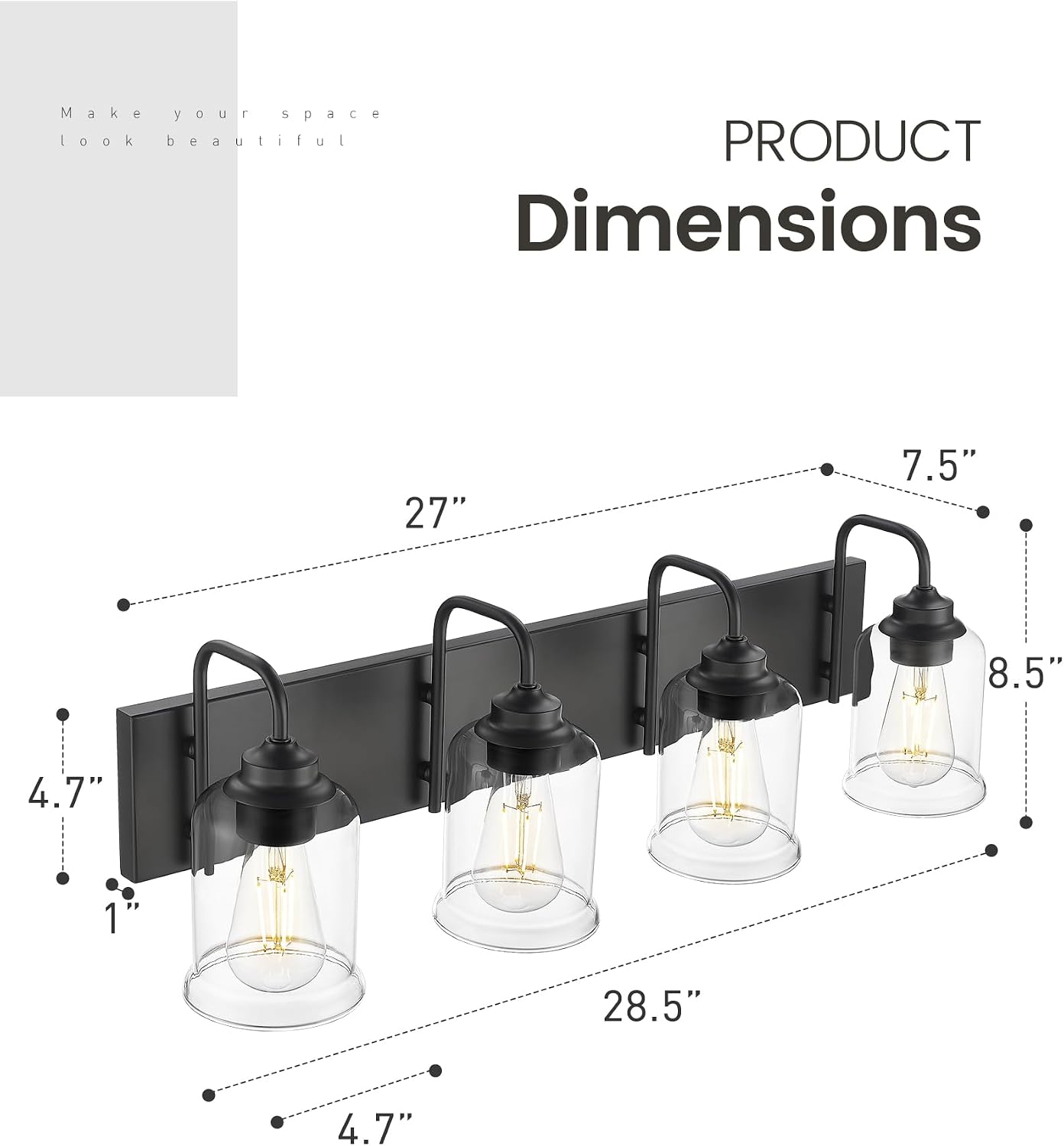 zeyu Modern Bathroom Light Fixtures, 4 Light Vanity Lighting, 28.5' Bathroom Mirror Wall Light, Matte Black Finish with Clear Glass Shade, ZSL72B-4W BK