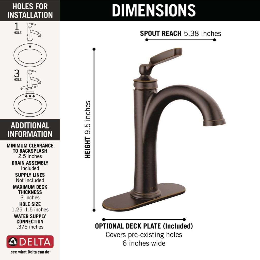 Delta Woodhurst Oil Rubbed Bronze Bathroom Faucet 1 Hole, Single Hole Bathroom Sink Faucet for Vanity, Metal Push-Pop Drain Assembly, Venetian Bronze 532-RBMPU-DST