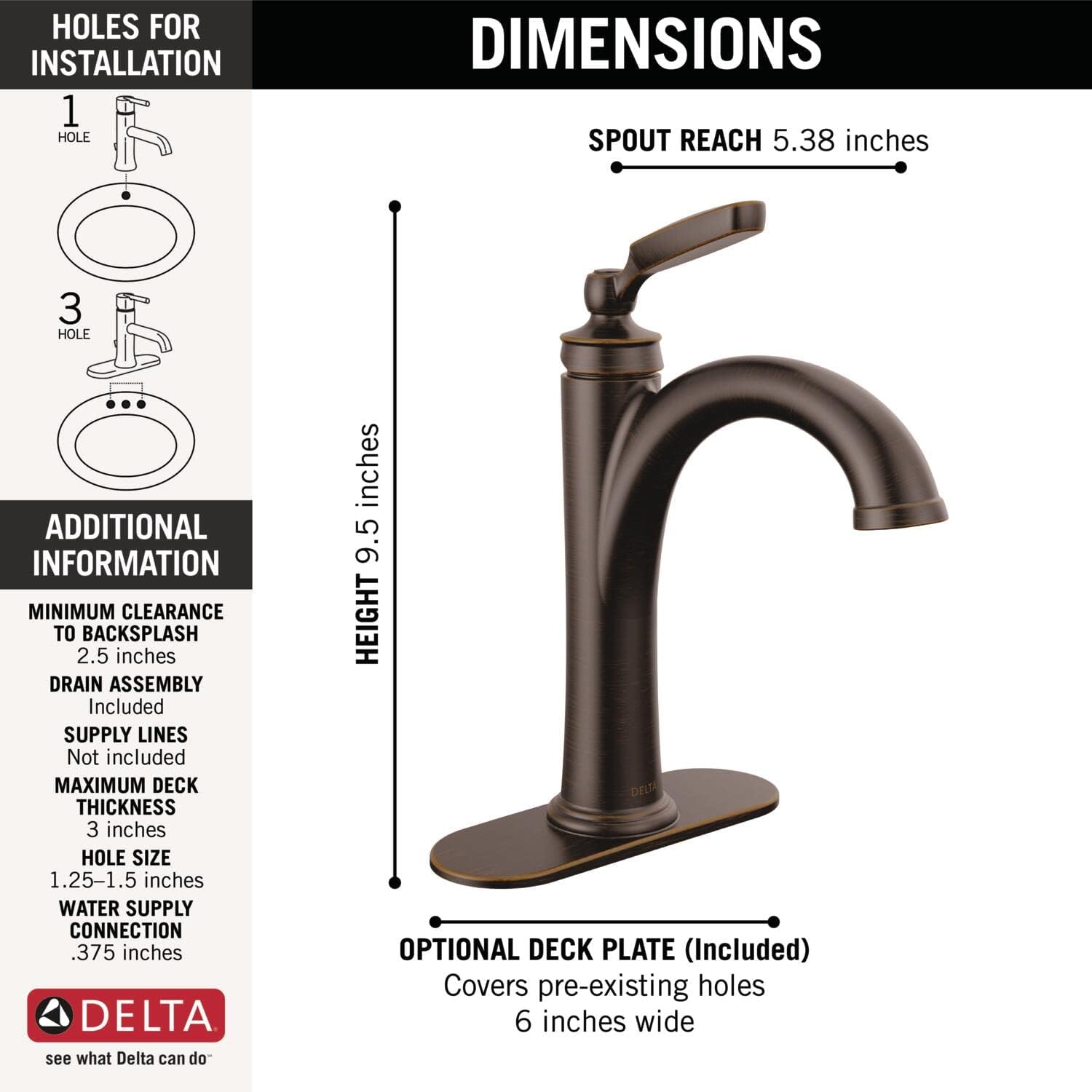 Delta Woodhurst Oil Rubbed Bronze Bathroom Faucet 1 Hole, Single Hole Bathroom Sink Faucet for Vanity, Metal Push-Pop Drain Assembly, Venetian Bronze 532-RBMPU-DST