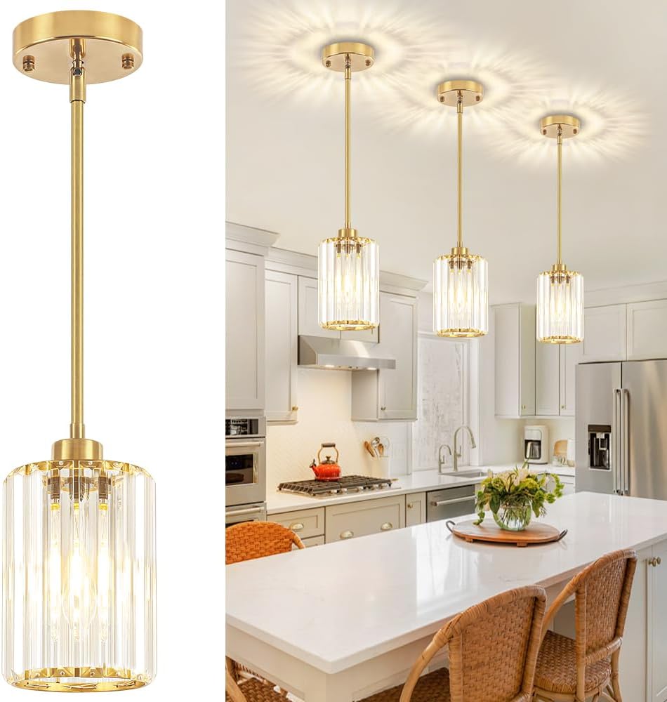 3 Pack Brushed Brass Pendant Lights Kitchen Island, Crystal Pendant Lighting Over Island Hanging Kitchen Lighting Fixtures Hallway Ceiling Lights Modern Pendant Light for Dining Room Bathroom Foyer
