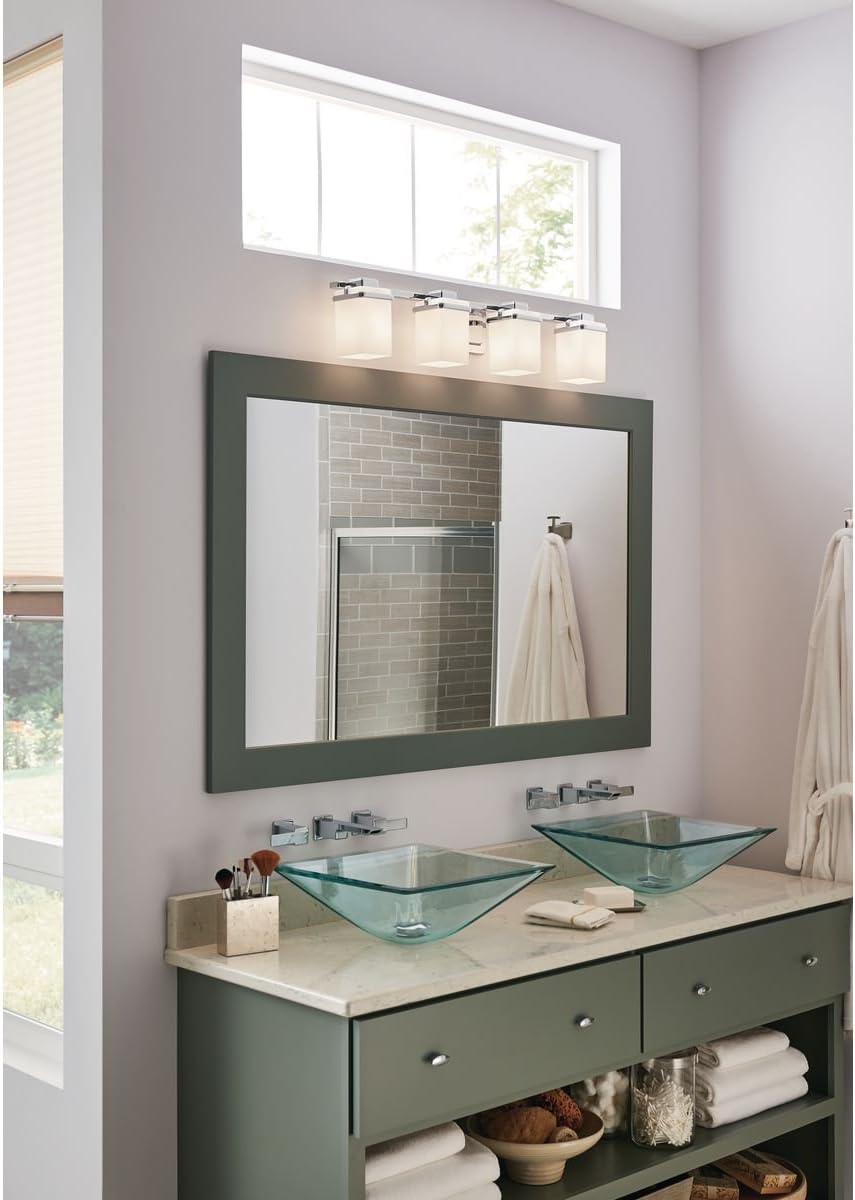 Progress Lighting 4 Light Bathroom Vanity Light, Coastal Style Modern Bath Lighting Fixture with Etched White Glass Shade for Over the Mirror, Reversible Mounting, Metric Collection, Polished Chrome