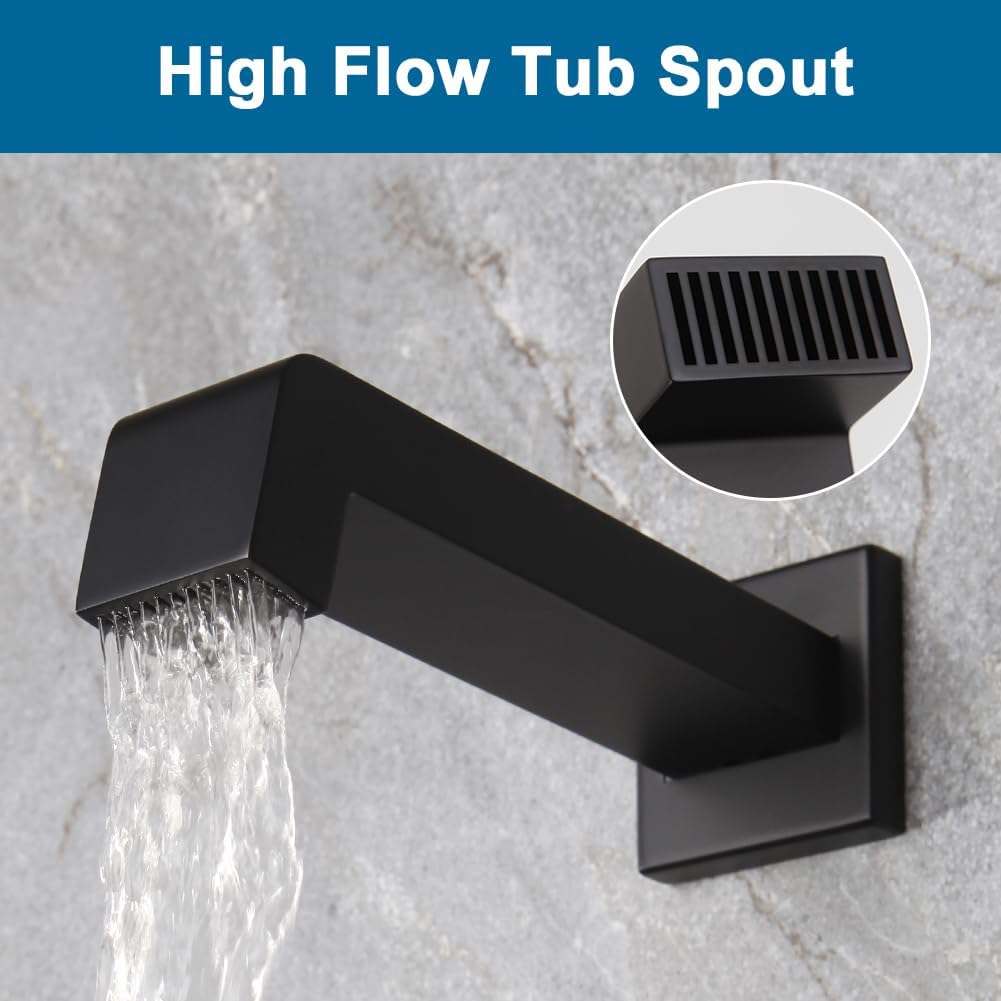 Matte Black Shower Tub Faucet Set Bathroom Rain Shower System with Tub Spout Wall Mounted Rainfall 10 Inch Shower Head and Handle Set Include Shower Valve and Trim Kit