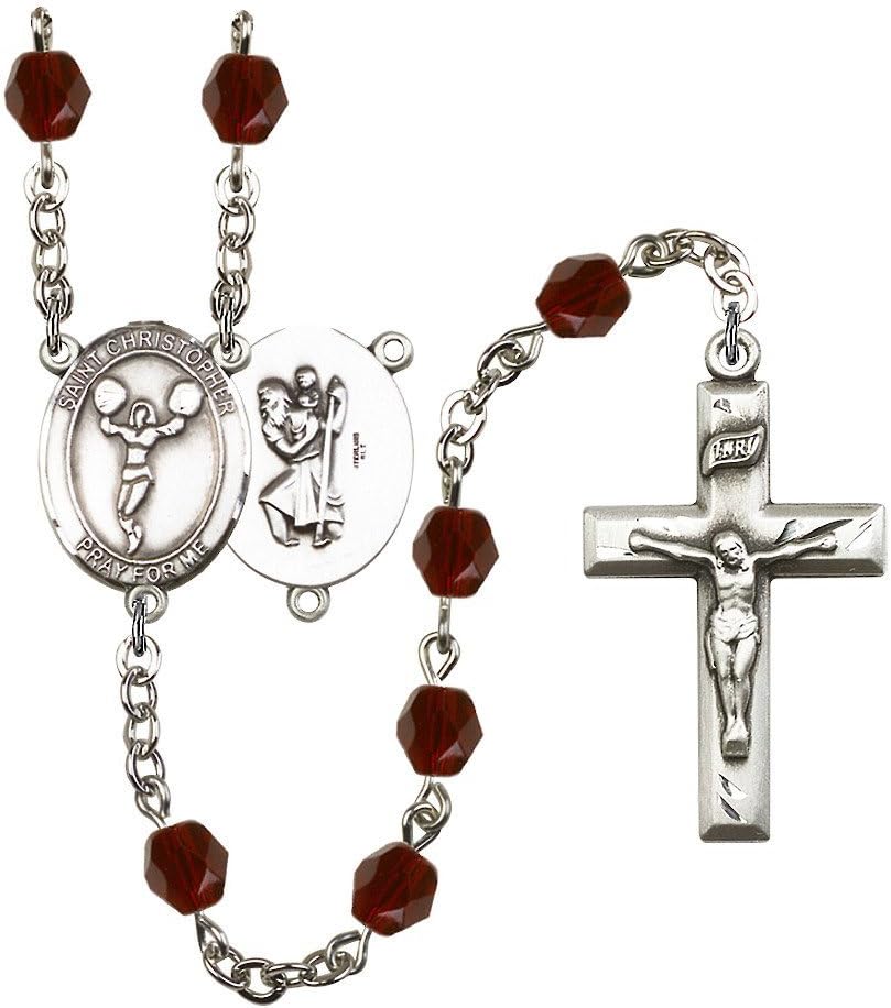 St. Christopher/Cheerleading Silver-Plated Rosary 6mm January Red Fire Polished Beads Crucifix Size 1 3/8 x 3/4 medal charm