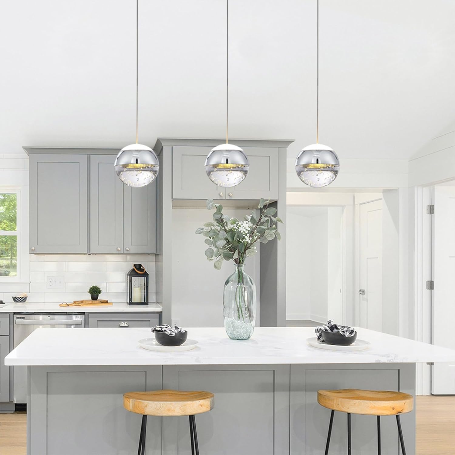 JoollySun Modern Crystal Pendant Light: 3 Globe Hanging Light Fixture for Kitchen Island Bathroom - Chrome