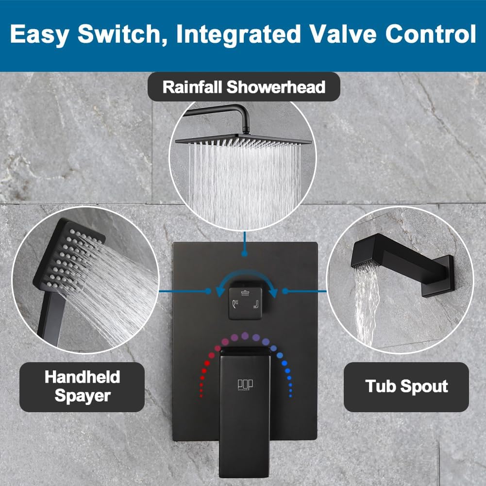 Matte Black Shower Tub Faucet Set Bathroom Rain Shower System with Tub Spout Wall Mounted Rainfall 10 Inch Shower Head and Handle Set Include Shower Valve and Trim Kit
