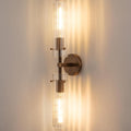Brass Bronze 2-Light Knurled Wall Sconce, Dual-Head Vanity Lamp with Vertical Striped Glass Tube, Bathroom Wall Sconces, Wall Lights for Living Room Bedroom Hallway Kitchen Bathroom Mirror