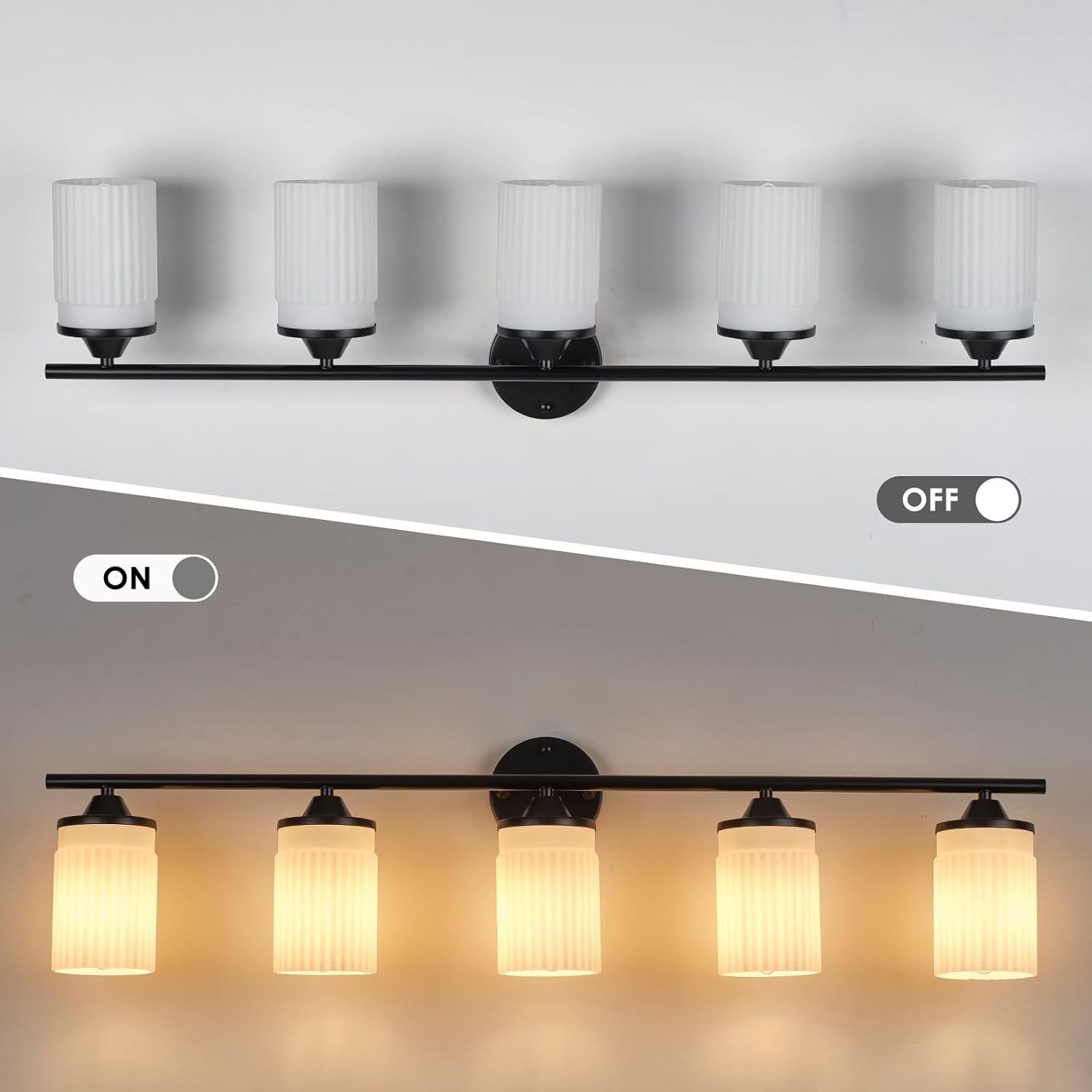 Jonsi Black Bathroom Light Fixtures 5-Light Vanity Lights Modern Wall Sconce with Milk White Shade Brushed Brass Bathroom Light Fixture Over Mirror for Bedroom Hallway Kitchen