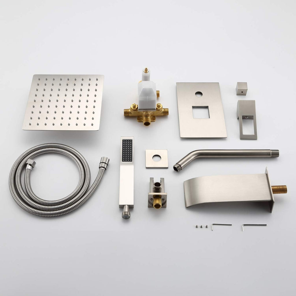 SUMERAIN Brushed Nickel Pressure Balanced Shower System with Waterfall Tub Spout, Tub Shower Faucet