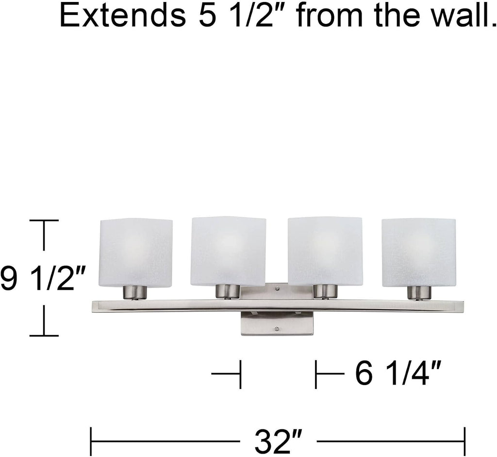 Possini Euro Design Modern Wall Mount Light Brushed Nickel Silver Hardwired 32' Wide 4-Light Fixture Curved Frame White Linen Glass Shade for Bedroom Bathroom Vanity Reading Living Room Hallway