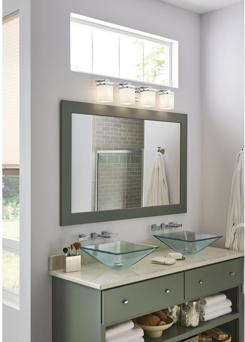 Progress Lighting 4 Light Bathroom Vanity Light, Coastal Style Modern Bath Lighting Fixture with Etched White Glass Shade for Over the Mirror, Reversible Mounting, Metric Collection, Polished Chrome