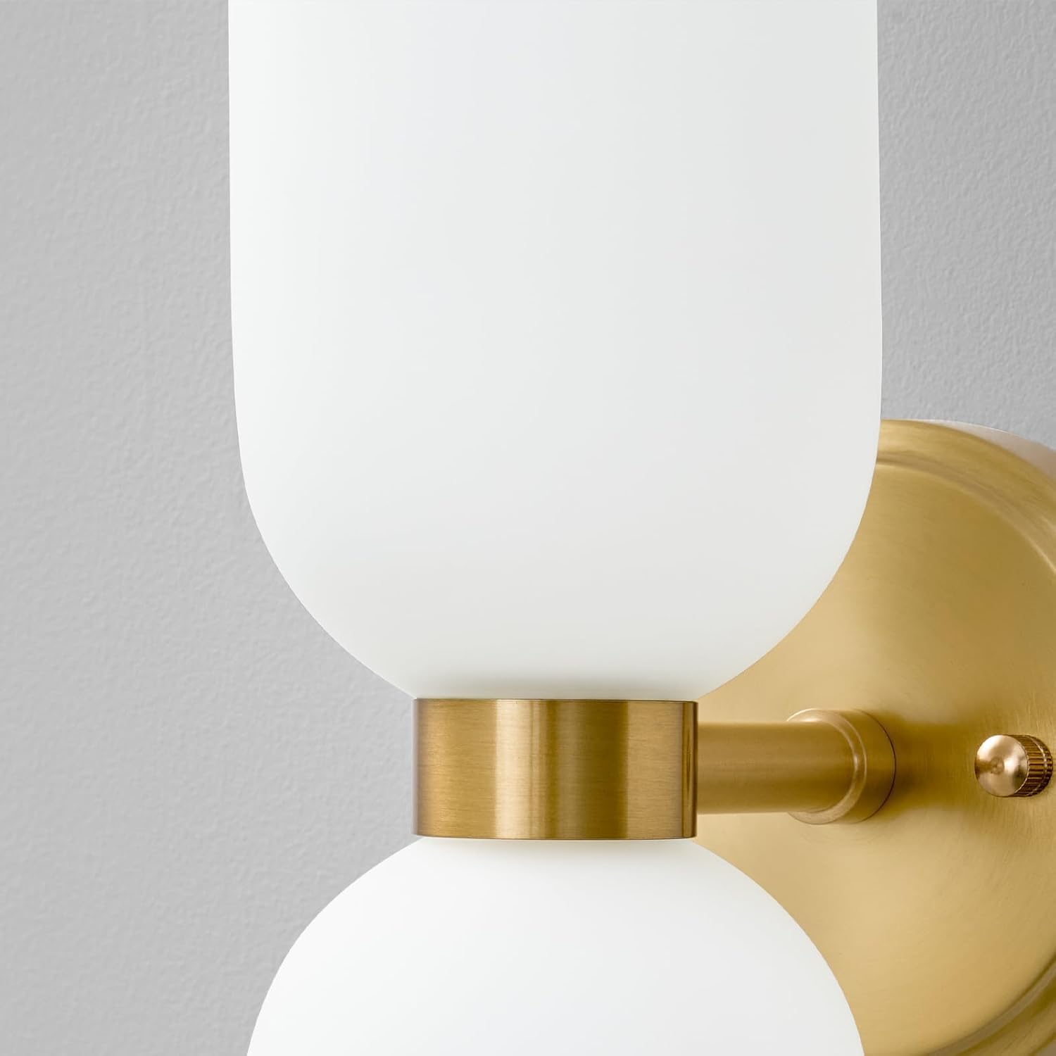 Mid Century Bathroom Wall Sconce - Set of 2 Modern Brushed Gold Brass Sconces - Frosted Milk White Glass Indoor Dimmable Lighting Fixture with Bulb - Double Vanity Lights for Bedroom Living Room Decor
