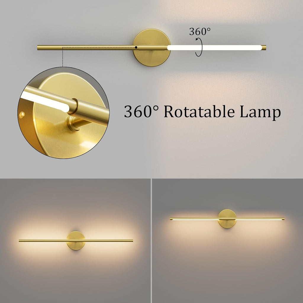 28In Gold Wall Sconce Set of Two,Modern Hardwired Bathroom Wall Sconces Vantiy Light 3000K LED 360° Rotatable for Bedroom Bathroom Living Room (2 Pack)