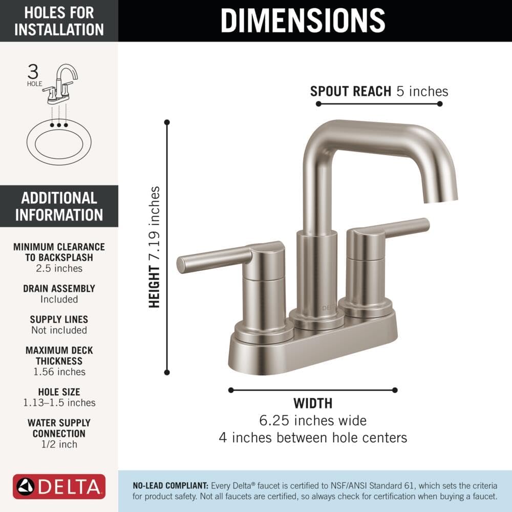 Delta Faucet Nicoli Centerset Bathroom Faucet, Brushed Nickel 2-Handle Bathroom Faucet, Delta Bathroom Sink Faucet, Brushed Nickel 3-Hole Bathroom Faucet, Stainless 25849LF-SS